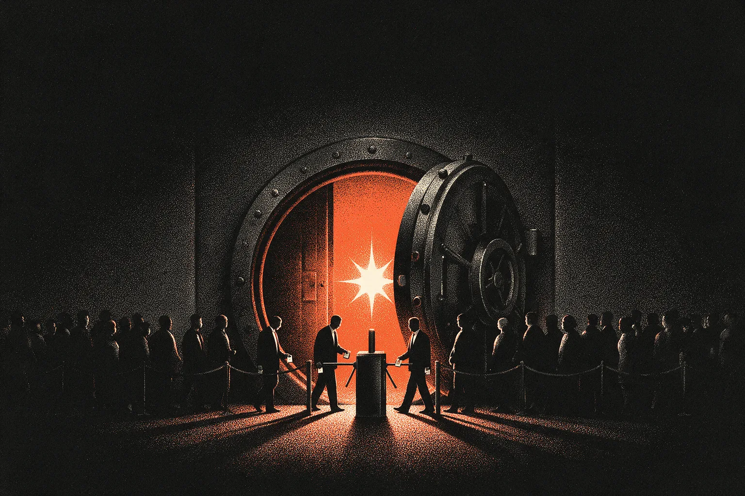 Porta de cofre entreaberta com uma luz laranja em forma de estrela; três pessoas com crachá passam pela catraca enquanto uma fila espera atrás da corda.
